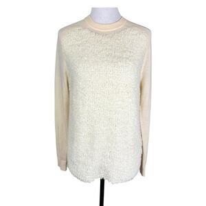 Tibi Cream Wool Blend Faux Sherpa Long Sleeve Round Neck Knit Cozy Soft Sweater